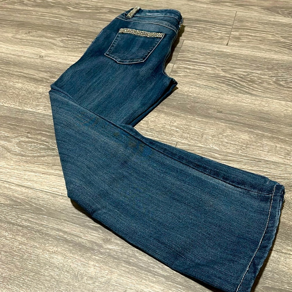 INC denim rhinestone accent boot leg jeans